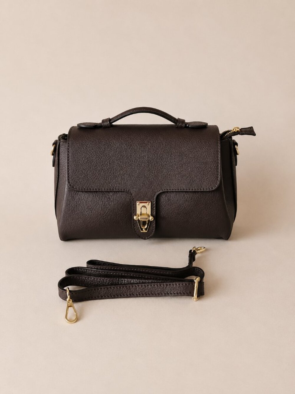 Dark Brown Italian Leather Handbag – Elegant Top Handle Satchel - Picture 5 of 13